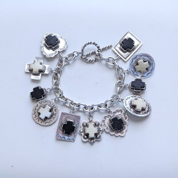 Joan Slifka Sterling 925 Heart Angel Cross Love Luck Charm Two Sided Bracelet - Picture 2 of 14